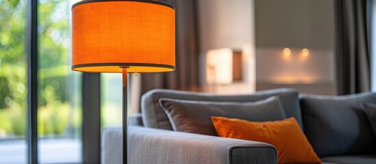 Lamp with orange shade positioned over a gray Scandinavian couch in a contemporary living space