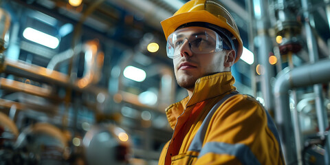 Male worker at a factory concept poster background. Man worker wearing a helmet and safety glasses. Heavy industry horizontal banner. Raster digital illustration photo style. AI artwork.