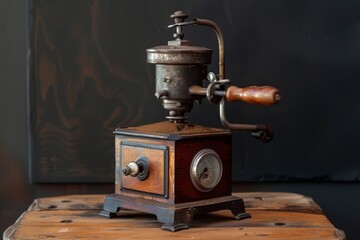 A vintage coffee grinder with a hand crank placed on a wooden table, A vintage coffee grinder with a hand-crank