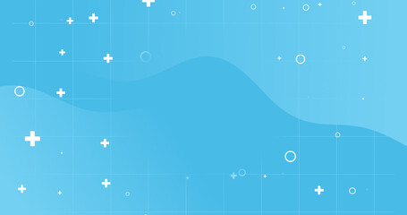 Bright light blue dynamic medical fluid abstract background. Geometric shapes crosses wavy liquid morphic. Minimal kids style Square notebook pattern. Back to school. Dental care banner. Dotted 
 line