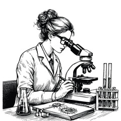 hand drawn female scientist working using microscope. engraving black and white scientist conducting research in the laboratory vector illustration