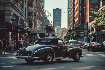 Fototapeta premium Vintage convertible car driving down a busy city street with modern buildings in the background, A vintage convertible cruising through a bustling city street
