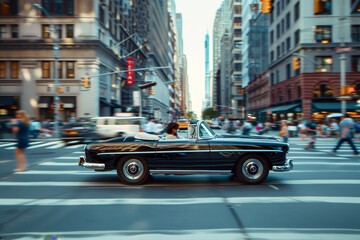 A black car cruising down a street lined with tall buildings in an urban setting, A vintage convertible cruising through a bustling city street