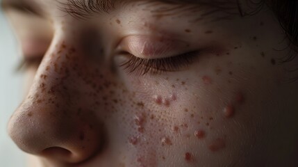 Fototapeta premium Close up of Acne Prone Teenager s Freckled Facial Skin with Imperfections