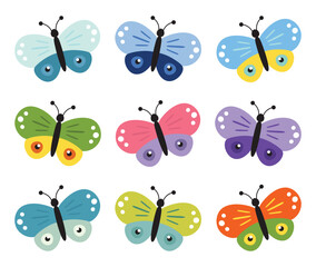 Set of colorful butterflies. Collection of butterflies. Vector illustration.Multicolored butterflies clipart set.Baby shower design elements.Party invitation, birthday celebration. Spring,summer decor