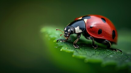 Close-Up of a Vibrant Ladybug on a Leaf with a Blurred Green Background in Nature