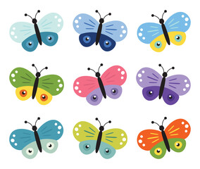Set of colorful butterflies. Collection of butterflies. Vector illustration.Multicolored butterflies clipart set.Baby shower design elements.Party invitation, birthday celebration. Spring,summer decor