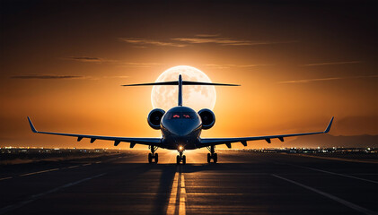 A private jet on a runway at night, silhouetted against the dark sky with the moon rising in the background, creating a dramatic scene