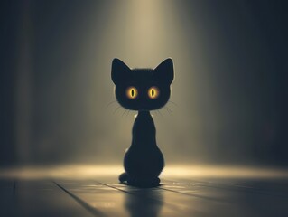 Mysterious Black Cat with Glowing Eyes Sitting in Dramatic Spotlight on Dark Wooden Floor