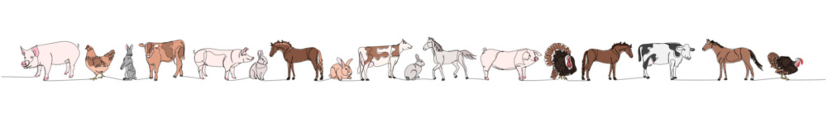 set of livestock, horse, chicken, pig, turkey, rabbit, cow, sheep one line color, colored art. Continuous line drawing of farm, nature, agriculture, farm animals, rural life, ranch.