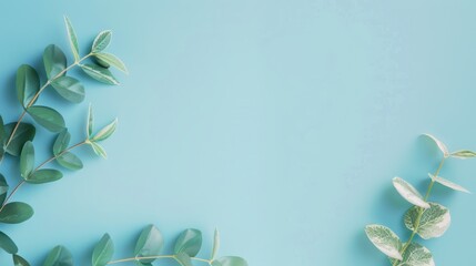 A modern blue background accented by a subtle foliage border, offering a clean and minimalistic layout with plenty of copy space for text or graphics.