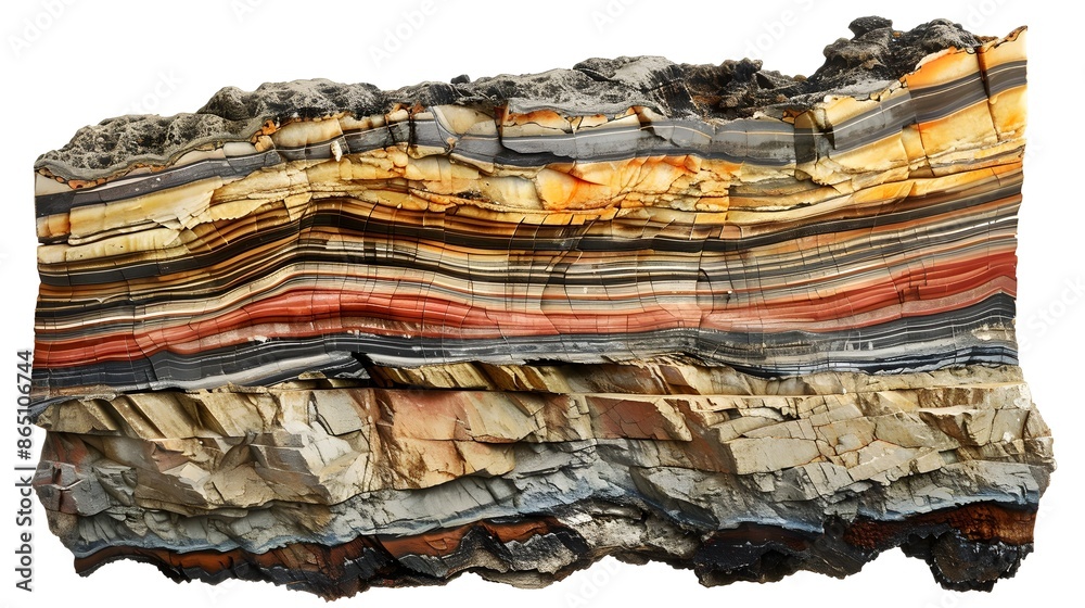 Poster cross section of layered sedimentary rock formation with vibrant colors and textures