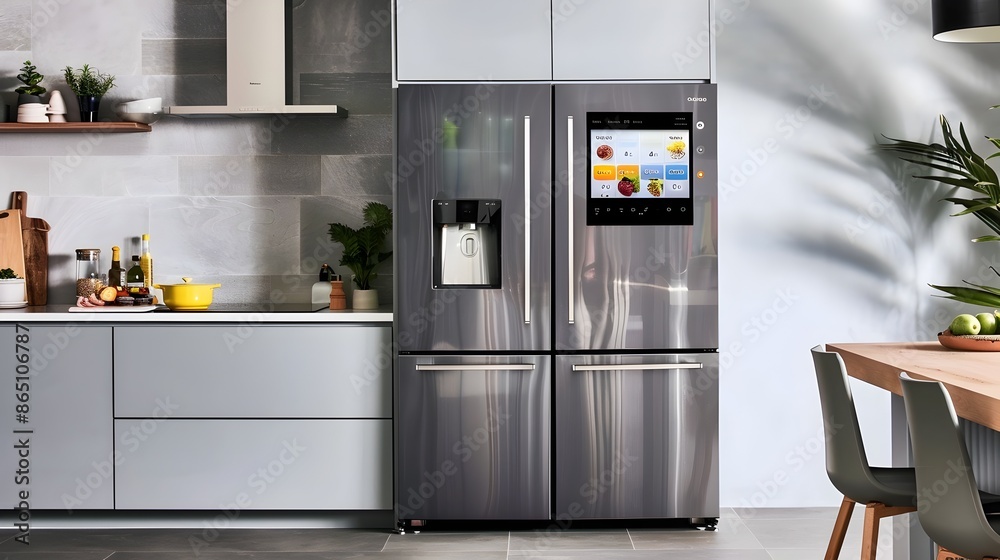 Poster cutting edge smart refrigerator with intuitive touchscreen display in modern kitchen