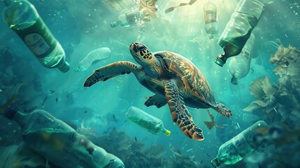 Fototapeta premium Turtle Navigating Underwater Amidst Discarded Plastic Bottles