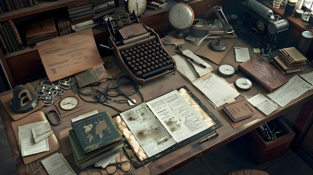 Cryptographer s Vintage Desk with Decoding Tools and Notes