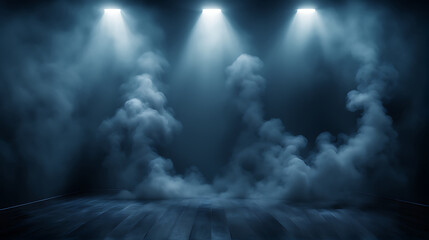 Obraz premium The dark scene has a smoky dark blue background. Empty dark room with spotlights for displaying product design 
