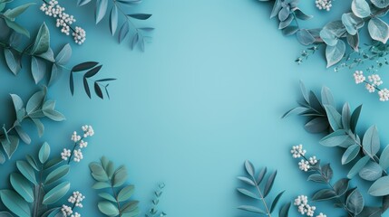 A sleek blue backdrop with a refined foliage border, offering a minimalist and elegant design with ample copy space for customization.