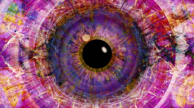 Close-up of a human iris with psychedelic multicolored patterns