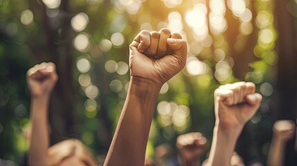 Protesters holding fists up in the air embody the concept of leadership