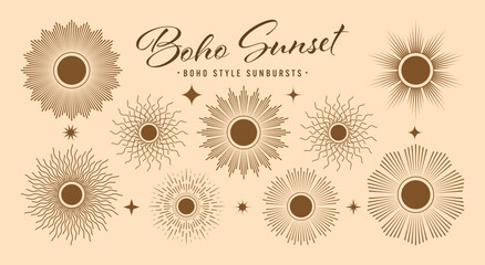 Vintage sunburst, sunset beams collection. Boho style, modern minimalist bohemian design. Hand drawn bursting sun, light rays. Logotype or lettering design element in retro style. Vector illustration