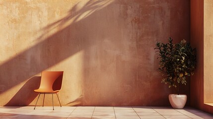 Minimal chair, calming dusk-toned wall, sunlight streaming through, warm and inviting effect, evoking tranquility.