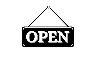 Open sign board hanging on the white wall. Can be used open Sign Door Plate. Concept business banner. Open sign icon. Vector illustration, flat design.