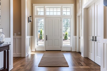 Doors for modern interior. Closed wooden door, in the empty hall. Front door entrance to grand house. Element of apartment design. Countryside cottage double front wood entry Doors with glass panels