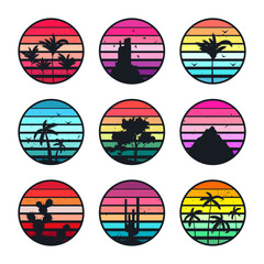 Grunge vintage sunset collection. Colorful striped sunrise badges in 80s and 90s style. Sun and ocean view, summer vibes, surfing. Design element for print, logo or t-shirt. Vector illustration