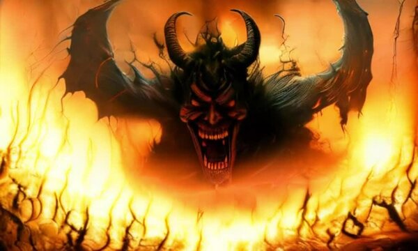 Cartoon illustration of Hell and the demon spewing fire