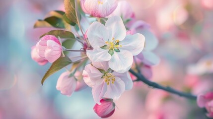 Close up view of blooming apple tree in orchard with beautiful pink and white flowers and buds against a blurred background
