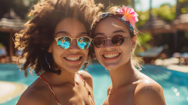 Portrait of Young Diverse Female Couple in Pool - Enjoying Summer Vacation at Holiday Resort, Natural Sunlight