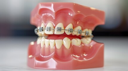 Obraz premium Detailed Model of Teeth with Orthodontic Braces for Dental Healthcare and Dental Treatment Concepts