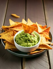 Mexican traditional food guacamole with nachos in plate