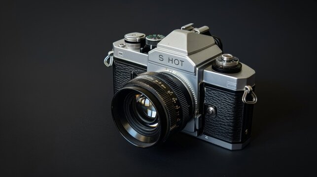 A vintage camera with a lens cap removed, against a classic black background.