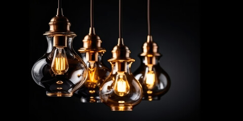 Obraz premium Vintage Luxury Light Bulbs Glowing and Hanging on a Black Background. Decorative Electric Bulbs in a Row