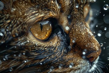 Close-up of a cat's face with golden eyes, surrounded by water droplets, showcasing detailed fur texture and a serene expression.