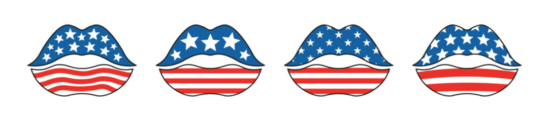 Illustration of lips with USA flag pattern. Clipart for Independence Day. 