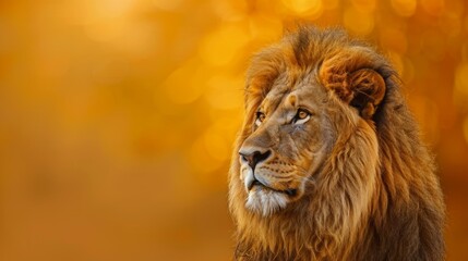 Fototapeta premium A majestic lion with its mane flowing, against a golden yellow background.