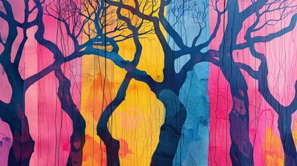 Naklejka premium Colorful abstract painting of tree silhouettes with vibrant, multicolored background. Artistic, expressive, and nature-inspired artwork.