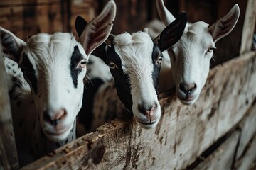 Three goats in a wooden pen with curious expressions. Close-up shot in a rustic style with natural lighting. Ideal for agricultural, educational, and farm lifestyle purposes. Generative AI