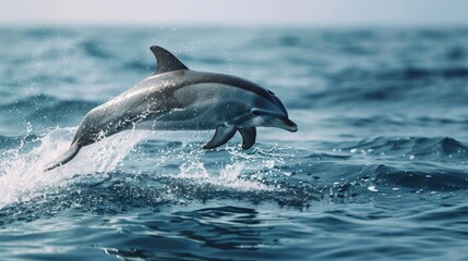 A playful dolphin leaping out of the water, against a deep blue background.