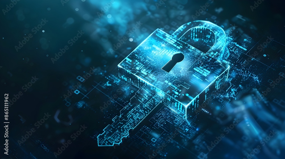 Poster Digitally Encrypted Lock and Key Symbolizing Cybersecurity and Data Protection