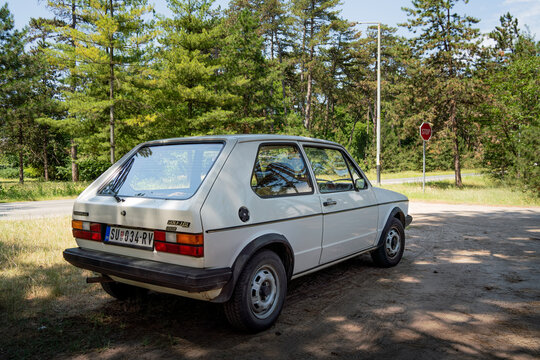 White Volkswagen Golf 1 J GL (3 door, J - means Jugoslavia, TAS plant, Sarajevo) is parked in Palic, Serbia, 25.06.2024