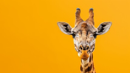 A majestic giraffe with its long neck, against a sunny yellow background.