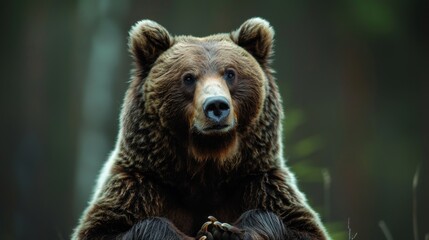 Obraz premium A curious bear with its claws out, against a dark forest green background.