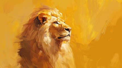 A majestic lion with its mane flowing, against a golden yellow background.