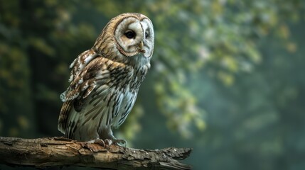 A wise owl perched on a branch, against a deep green background.