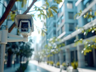 A camera mounted to a pole outside a building, capturing the surroundings