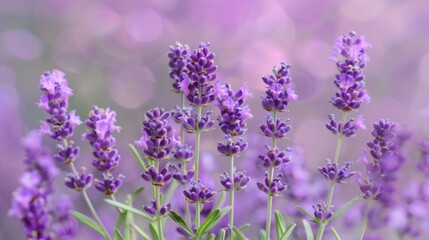 Obraz premium A cluster of purple lavender flowers, against a soft lavender background.