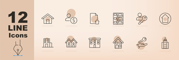 Real estate set icon. House, mortgage, money, documents, files, keys, apartment building, duplex, hand with key, skyscraper, home ownership, real estate management, property development
